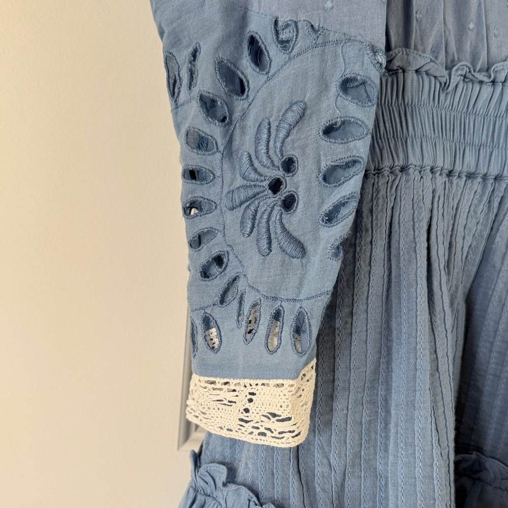 LoveShackFancy Blue Mini Dress with White Lace Trim - Picture 4 of 7